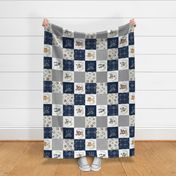 Woodland Animal Tracks Quilt Top – Navy + Grey Patchwork Cheater Quilt ROTATED, Style A