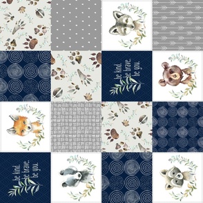 Woodland Animal Tracks Quilt Top – Navy + Grey Patchwork Cheater Quilt ROTATED, Style A