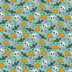 Skulls,Flowers,Pumpkins and Bats Halloween Fall Doodle on Mint Green Tiny Small