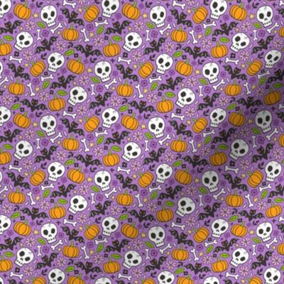 Skulls,Flowers,Pumpkins and Bats Halloween Fall Doodle on Purple Tiny Small