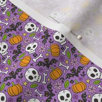 Skulls,Flowers,Pumpkins and Bats Halloween Fall Doodle on Purple Tiny Small