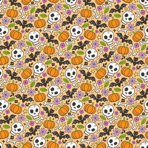 Skulls,Flowers,Pumpkins and Bats Halloween Fall Doodle on Orange Tiny Small