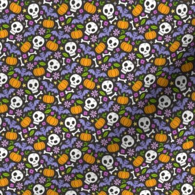 Skulls,Flowers,Pumpkins and Bats Halloween Fall Doodle Purple on Black Tiny Small