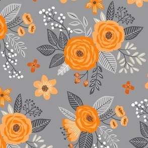 Vintage Antique Floral Flowers Orange on Grey