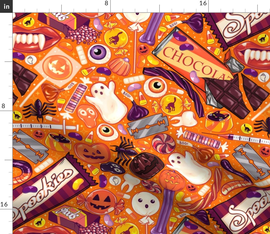 Creepy Halloween Candy On Orange 2X Fabric Spoonflower   Creepy Halloween Candy On Orange 2X 