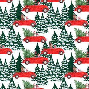 10"  Holiday Christmas Tree Car and Dachshund in Woodland,christmas fabric,dachshund fabric 