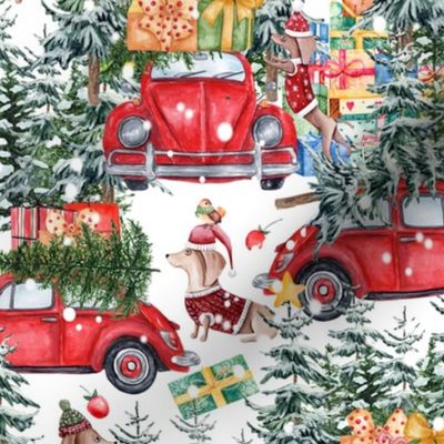 12" Holiday Christmas Tree Car and Dachshund in Woodland,christmas fabric,dachshund fabric 1
