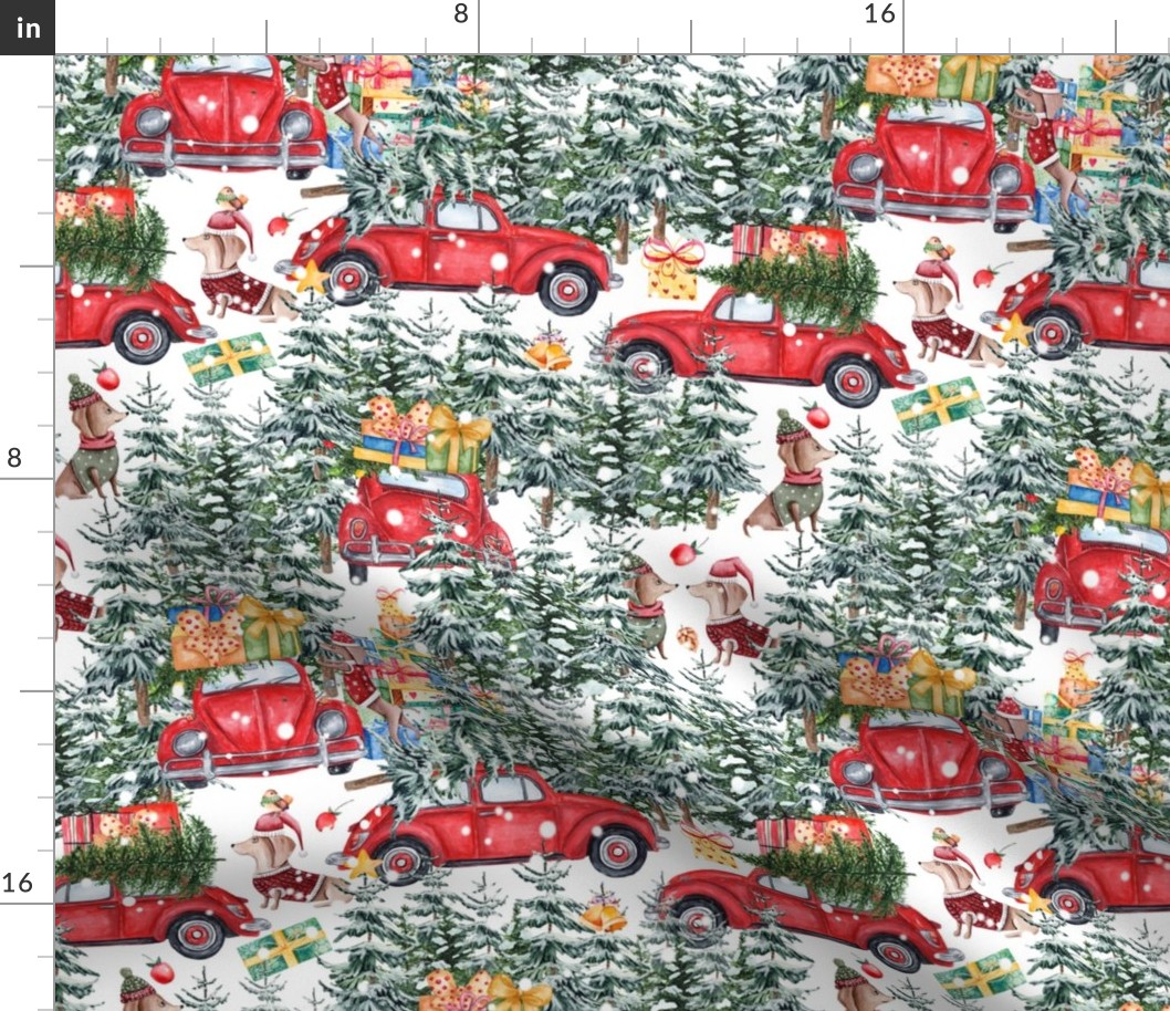 12" Holiday Christmas Tree Car and Dachshund in Woodland,christmas fabric,dachshund fabric 1