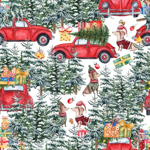 14" Holiday Christmas Tree Car and Dachshund in Woodland,christmas fabric,dachshund fabric 3