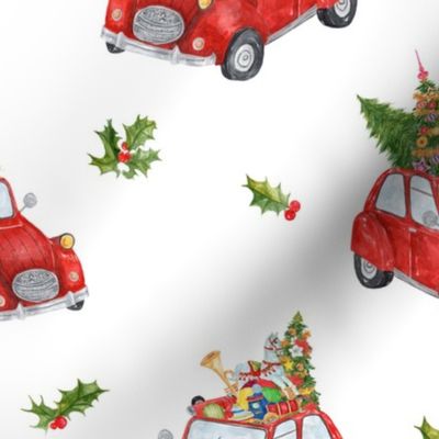 9"  nursery, vintage cars, red car, gift, hand drawn, watercolor, woodland trees, cars in snow, winter holiday, christmas, car racing, christmas tree, forest,
