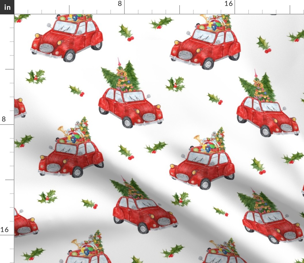 9"  nursery, vintage cars, red car, gift, hand drawn, watercolor, woodland trees, cars in snow, winter holiday, christmas, car racing, christmas tree, forest,