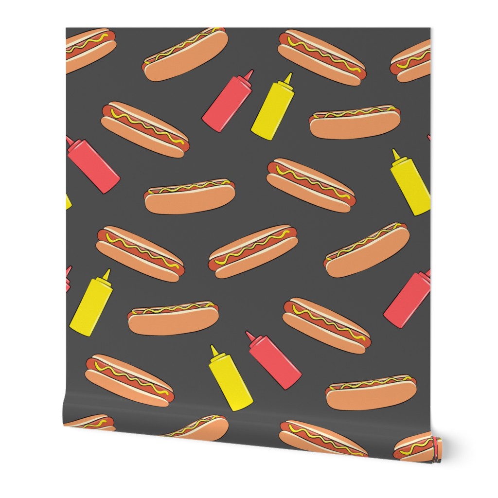 (micro scale) hot dog on dark grey with condiments C19BS