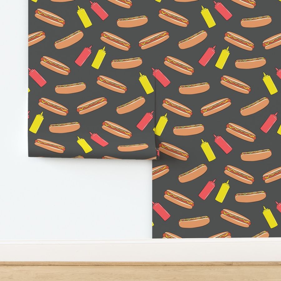 (micro scale) hot dog on dark grey with condiments C19BS