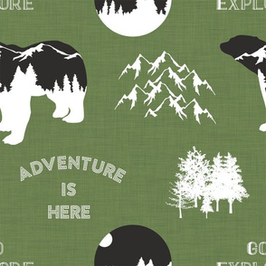 bear adventure on green linen