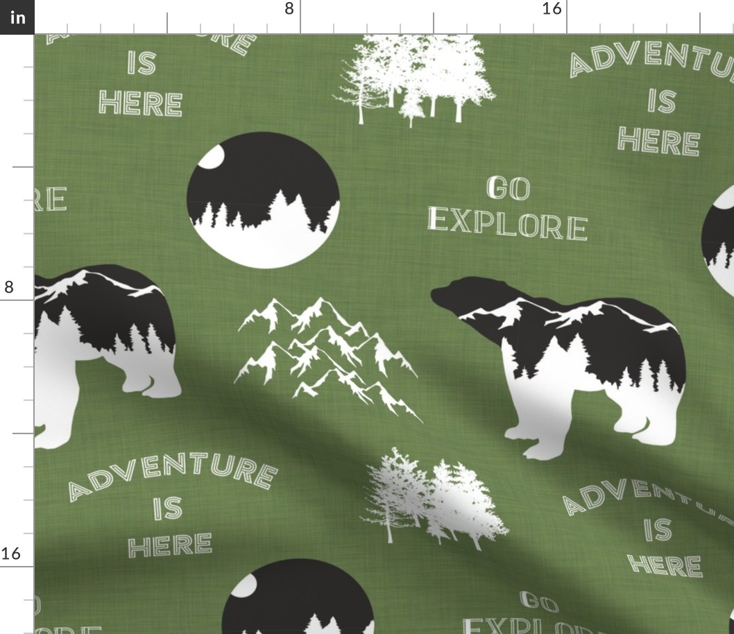 bear adventure on green linen