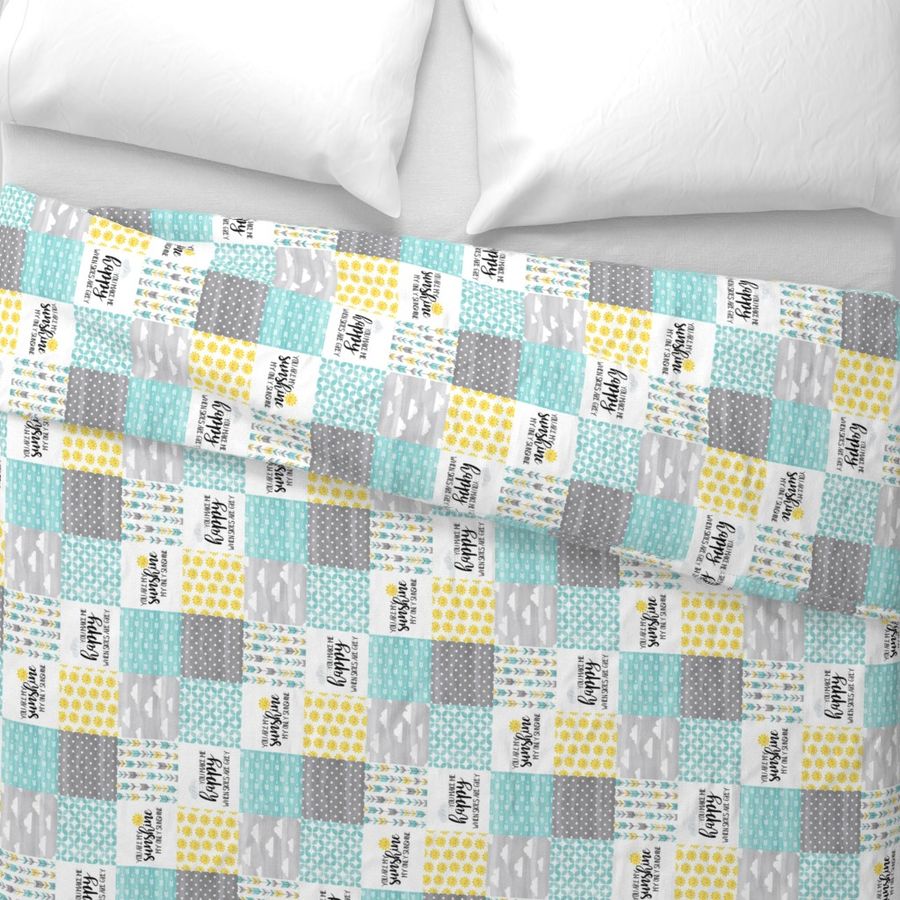 3 inch  Watercolor You are my sunshine//Yellow, Turquoise - Wholecloth Cheater Quilt - Rotated