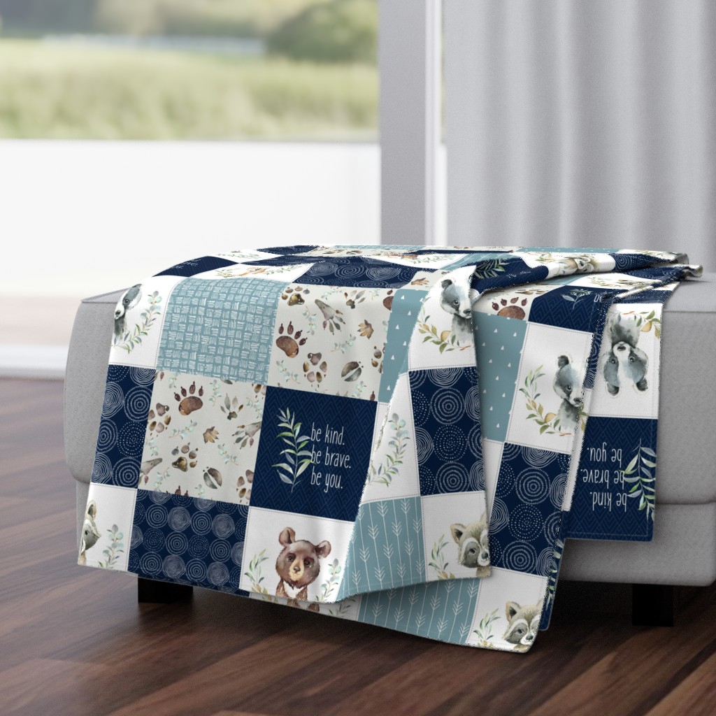 Woodland Animal Tracks Quilt Top – Navy + Blue Patchwork Cheater Quilt, Style B