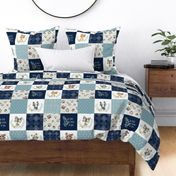 Woodland Animal Tracks Quilt Top – Navy + Blue Patchwork Cheater Quilt, Style B