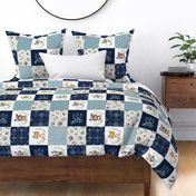 Woodland Animal Tracks Quilt Top – Navy + Blue Patchwork Cheater Quilt, ROTATED Style B