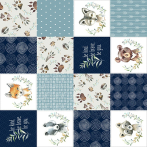 Woodland Animal Tracks Quilt Top – Navy + Blue Patchwork Cheater Quilt, ROTATED Style B