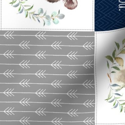 Woodland Animal Tracks Quilt Top – Navy + Grey Patchwork Cheater Quilt ROTATED LEFT, Style A