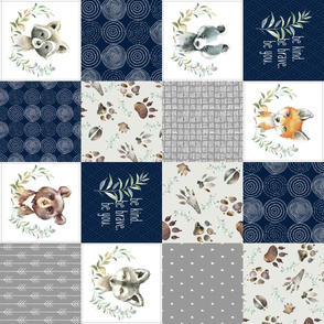 Woodland Animal Tracks Quilt Top – Navy + Grey Patchwork Cheater Quilt ROTATED LEFT, Style A