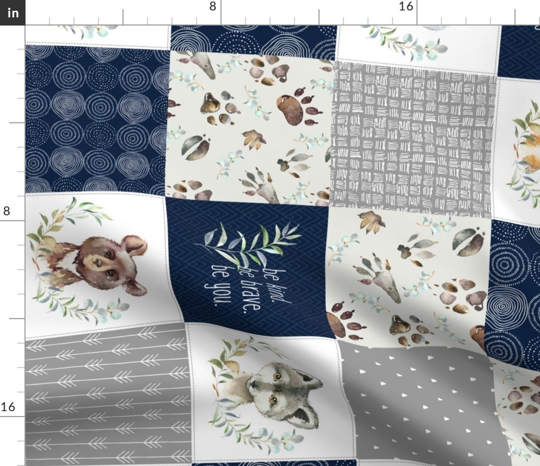 Woodland Animal Tracks Quilt Top – Navy + Grey Patchwork Cheater Quilt ROTATED LEFT, Style A