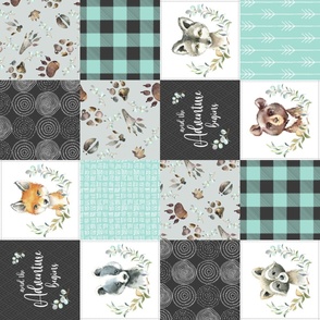 Woodland Animal Tracks Quilt Top – Onyx + Mint Patchwork Cheater Quilt ROTATED, Style C