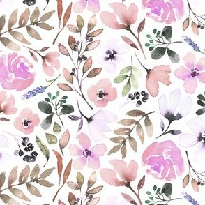 Watercolour summer floral flowers pink green brown