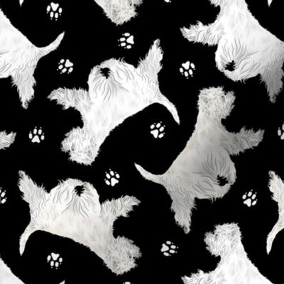 Trotting West Highland White Terriers and paw prints - black