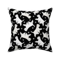 Trotting West Highland White Terriers and paw prints - black