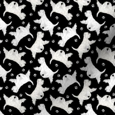 Tiny Trotting West Highland White Terriers and paw prints - black
