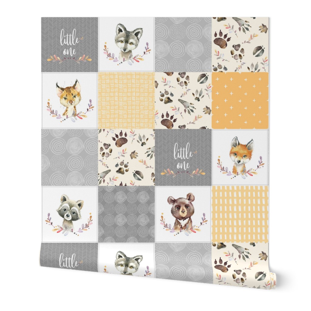 Woodland Animal Cheater Quilt – Little One Gender Neutral Gray + Honey Gold Patchwork, Style E