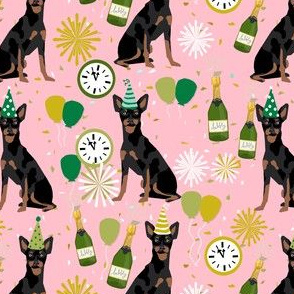 min pin nye fabric - dog new years, new years eve, celebration, min pip fabric - pink