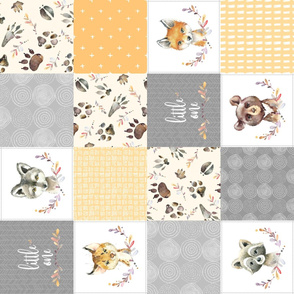 Woodland Animal Cheater Quilt – Little One Gender Neutral Gray + Honey Gold Patchwork, ROTATED Style E