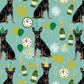 min pin nye fabric - dog new years, new years eve, celebration, min pip fabric - soft teal