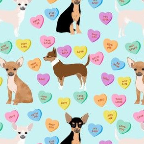 chihuahua dog valentines fabric - candy hearts fabric, love fabric, dog valentines design - blue