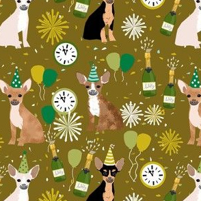 chihuahua new years even fabric - dog new years, champagne celebration dog fabric - new years - ochre