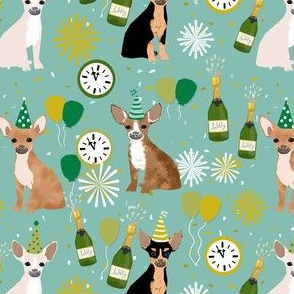 chihuahua new years even fabric - dog new years, champagne celebration dog fabric - new years - soft teal