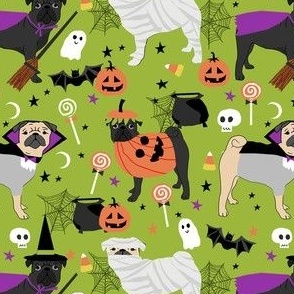 pug halloween dog fabric - black pug fabric, fawn pug fabric, halloween costume dogs, halloween pugs - lime