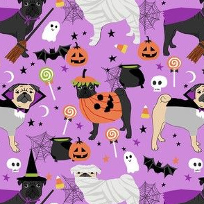pug halloween dog fabric - black pug fabric, fawn pug fabric, halloween costume dogs, halloween pugs - purple