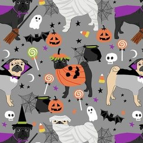 pug halloween dog fabric - black pug fabric, fawn pug fabric, halloween costume dogs, halloween pugs - grey