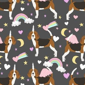 beagle unicorn fabric - cute beagles fabric, pastel unicorn fabric, pastel dog fabric, dog unicorns,  - dark charcoal