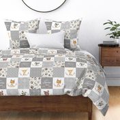 Woodland Animal Tracks Cheater Quilt – Adventure Gender Neutral Gray Patchwork, Style G