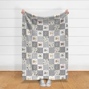 Woodland Animal Tracks Cheater Quilt – Adventure Gender Neutral Gray Patchwork, ROTATED Style G