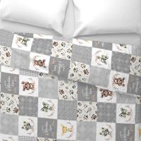 Woodland Animal Tracks Cheater Quilt – Adventure Gender Neutral Gray Patchwork, ROTATED Style G