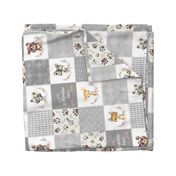 Woodland Animal Tracks Cheater Quilt – Adventure Gender Neutral Gray Patchwork, ROTATED Style G