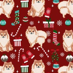 pom christmas fabric pomeranian dog fabric - dog, candy cane, holiday design - burgundy