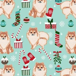 pom christmas fabric pomeranian dog fabric - dog, candy cane, holiday design - mint