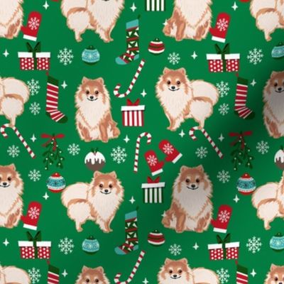 pom christmas fabric pomeranian dog fabric - dog, candy cane, holiday design - green